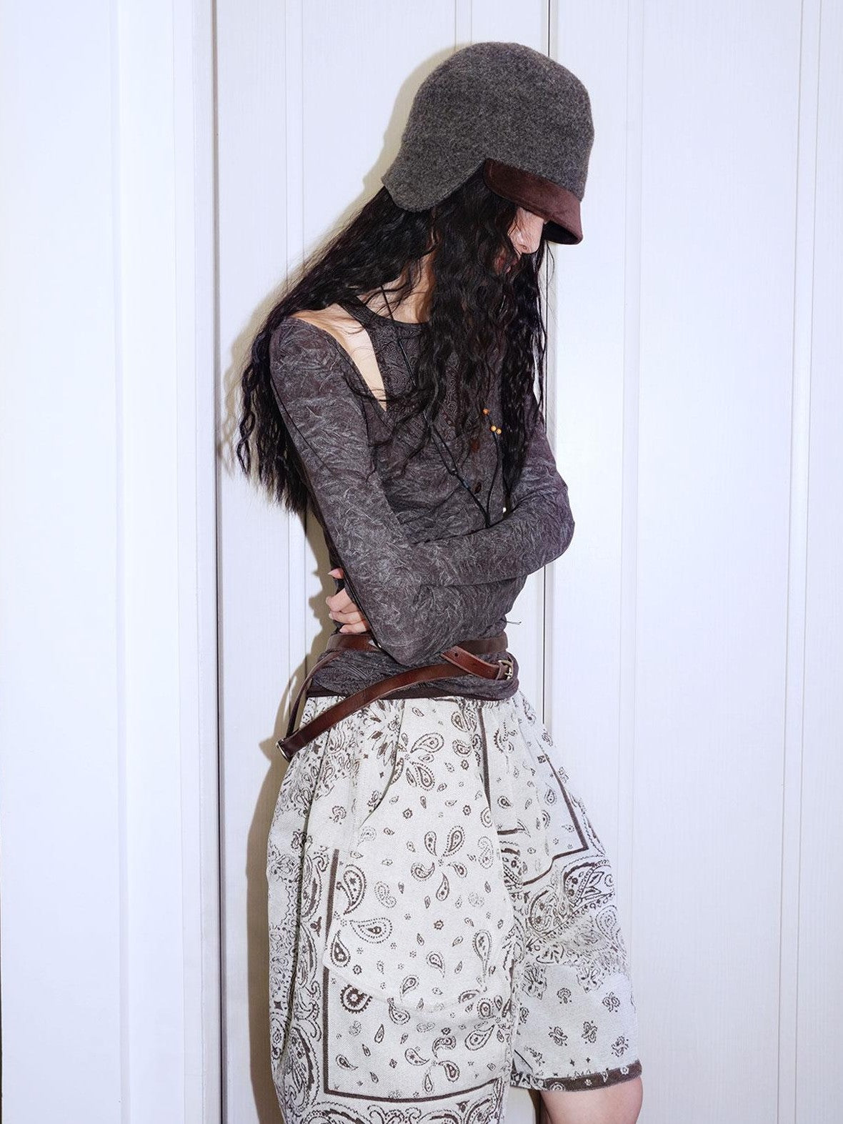 badtaste Contrast Vintage Print Faux Layered Women's Acetate Knit Long Sleeve T-shirts