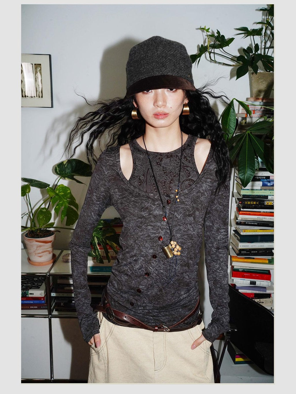 badtaste Contrast Vintage Print Faux Layered Women's Acetate Knit Long Sleeve T-shirts