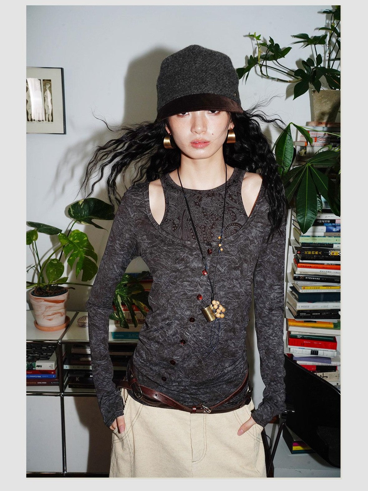 badtaste Contrast Vintage Print Faux Layered Women's Acetate Knit Long Sleeve T-shirts