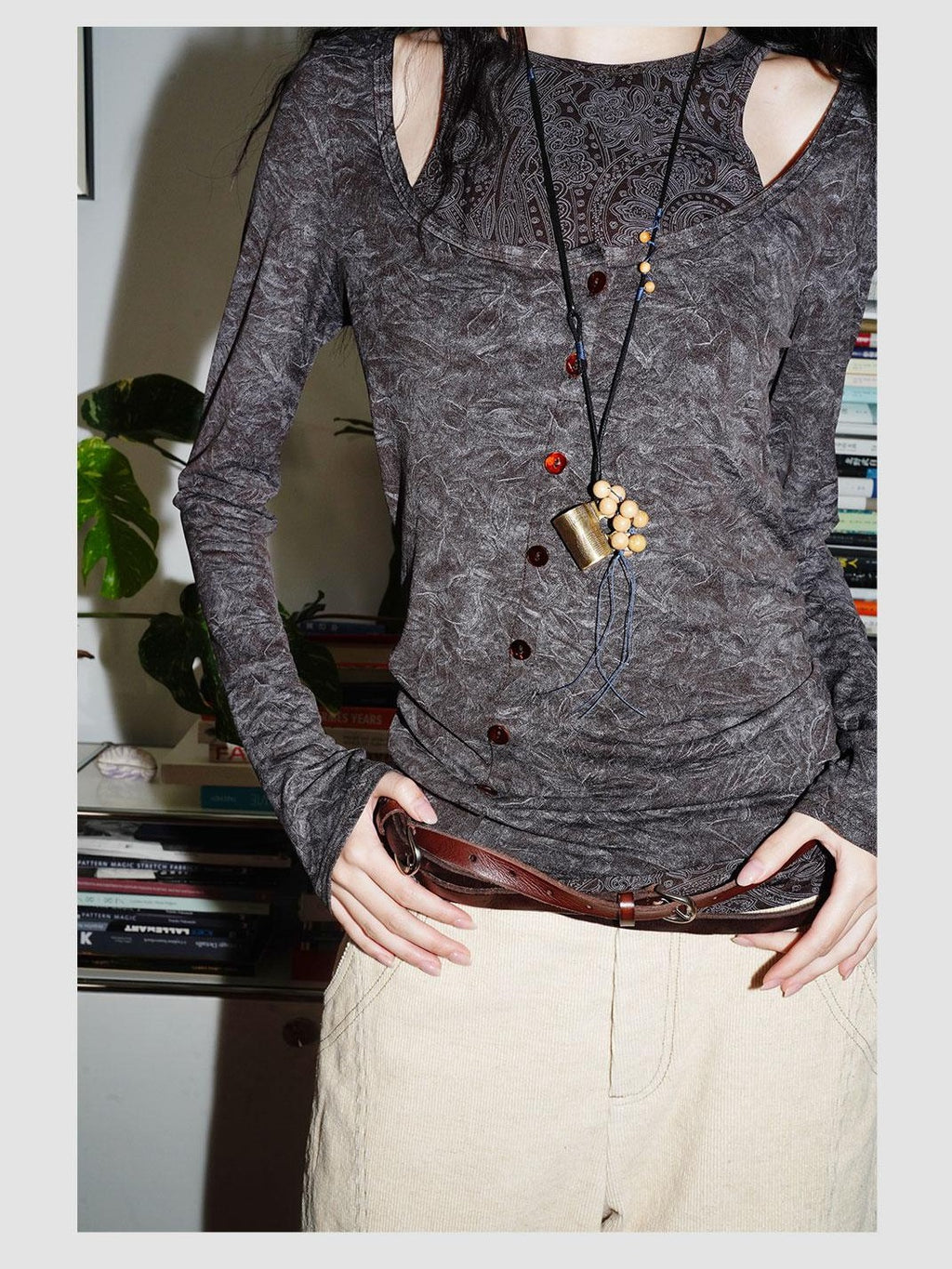 badtaste Contrast Vintage Print Faux Layered Women's Acetate Knit Long Sleeve T-shirts