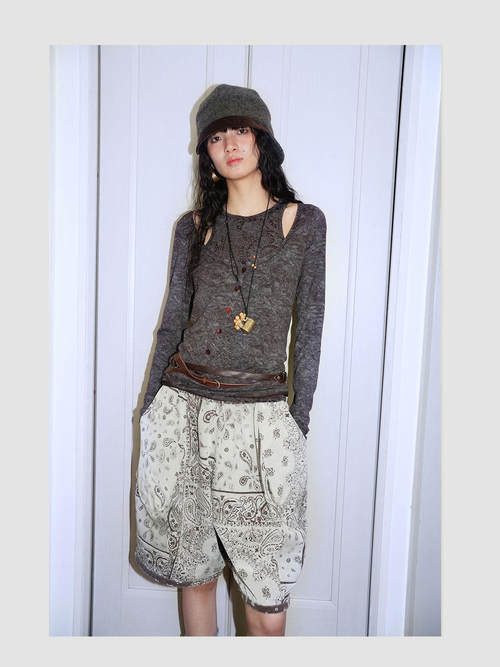 badtaste Contrast Vintage Print Faux Layered Women's Acetate Knit Long Sleeve T-shirts