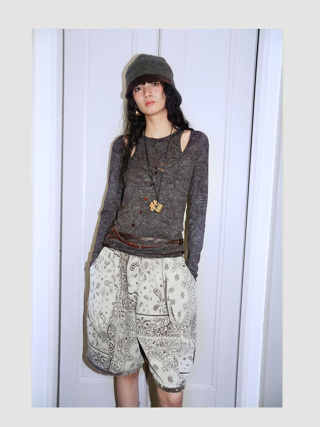badtaste Contrast Vintage Print Faux Layered Women's Acetate Knit Long Sleeve T-shirts