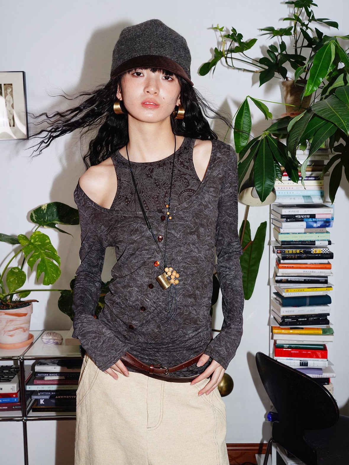 badtaste Contrast Vintage Print Faux Layered Women's Acetate Knit Long Sleeve T-shirts