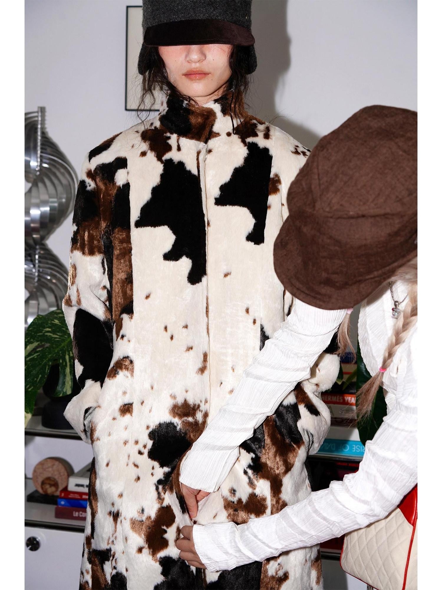 badtaste Cow Print Stand Collar Vintage Mid Length Plush Women's Faux Fur Coats