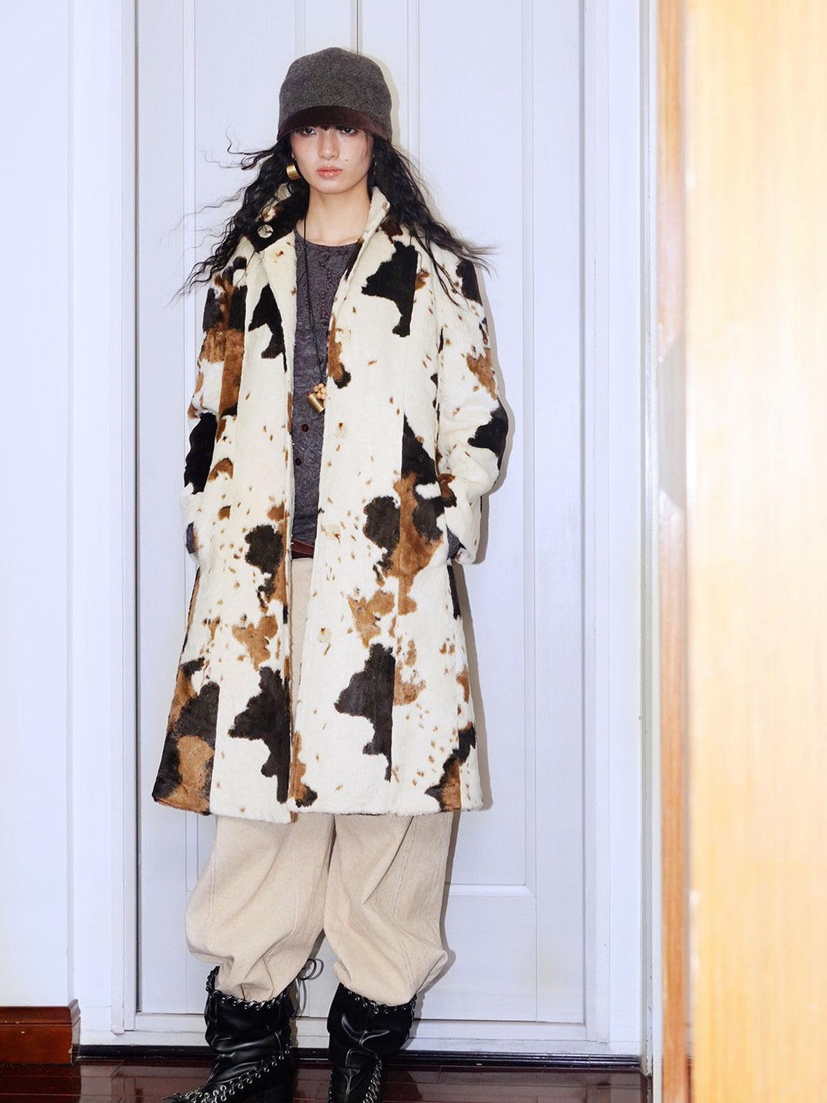 badtaste Cow Print Stand Collar Vintage Mid Length Plush Women's Faux Fur Coats
