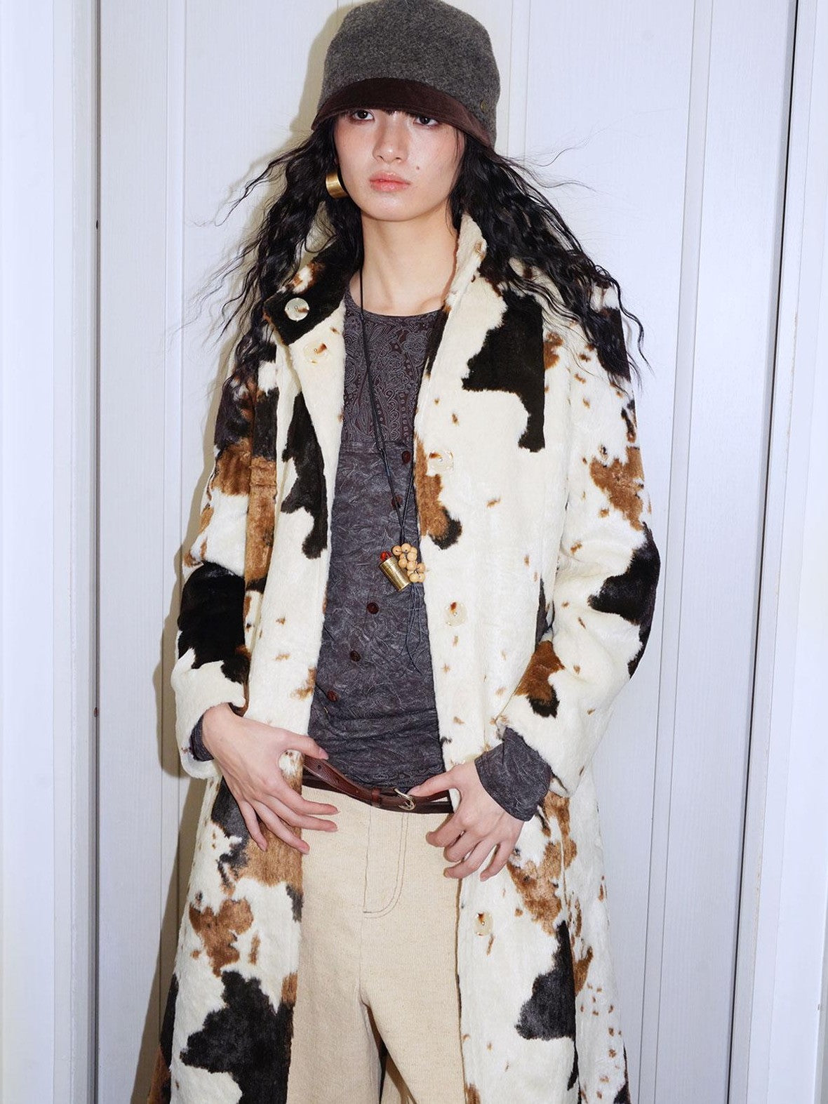badtaste Cow Print Stand Collar Vintage Mid Length Plush Women's Faux Fur Coats