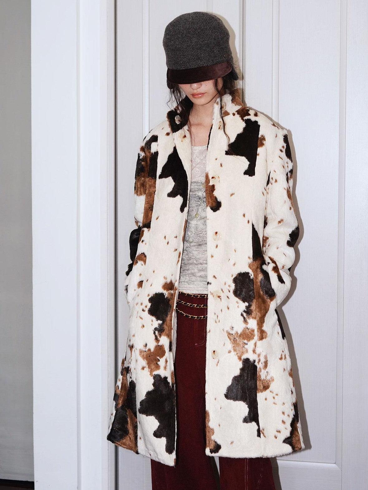 badtaste Cow Print Stand Collar Vintage Mid Length Plush Women's Faux Fur Coats