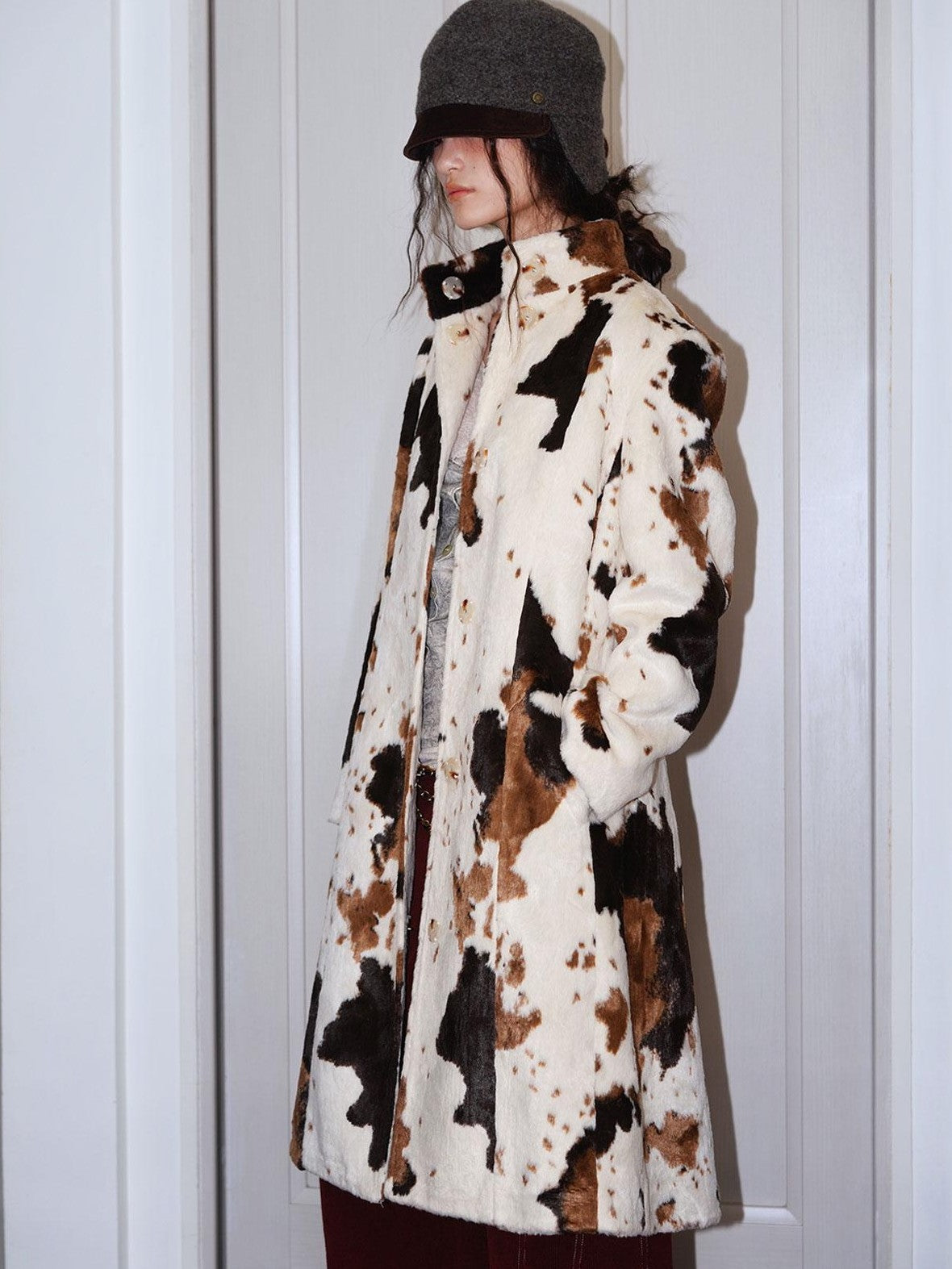 badtaste Cow Print Stand Collar Vintage Mid Length Plush Women's Faux Fur Coats