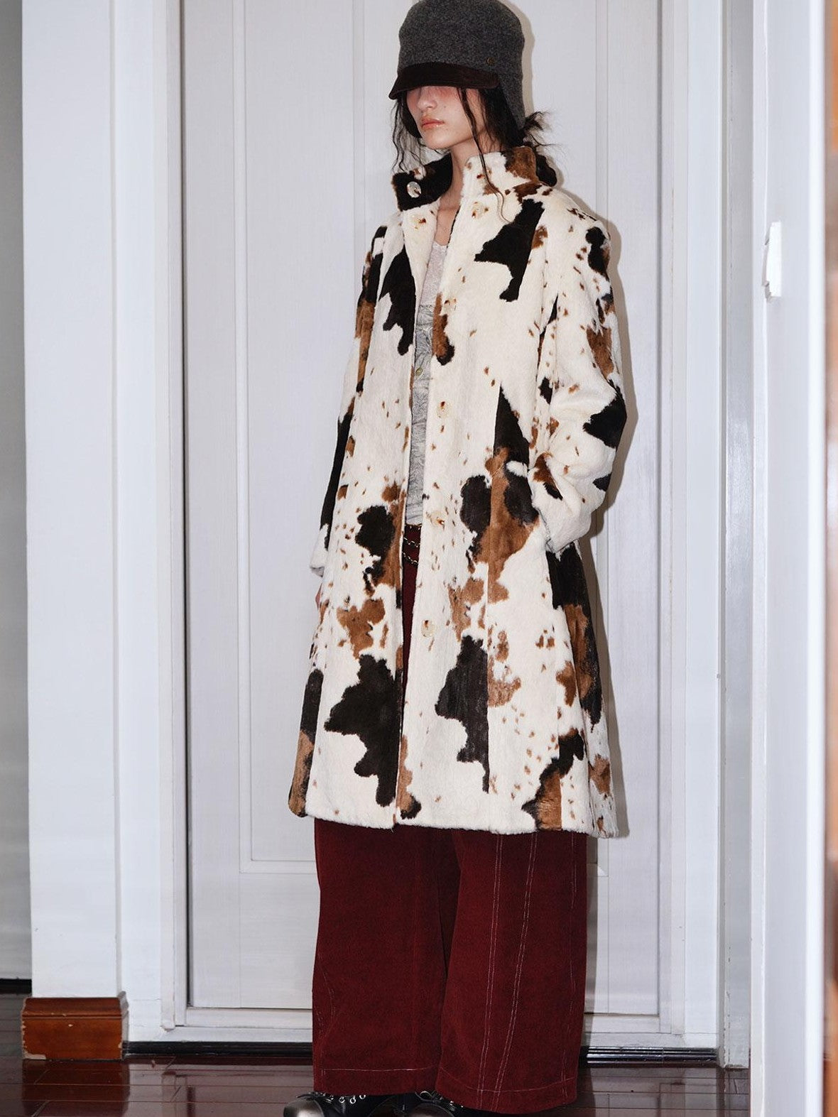 badtaste Cow Print Stand Collar Vintage Mid Length Plush Women's Faux Fur Coats