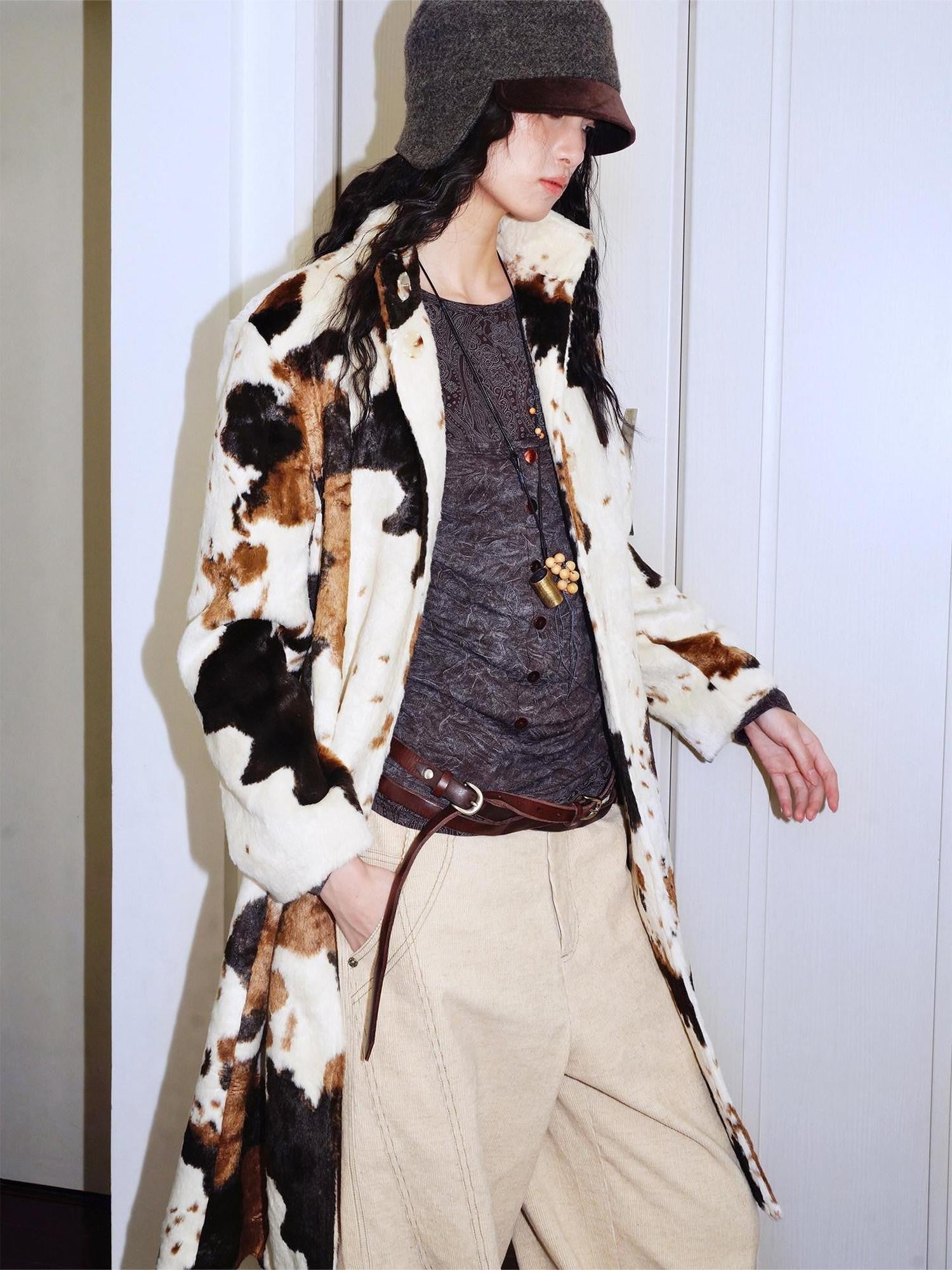 badtaste Cow Print Stand Collar Vintage Mid Length Plush Women's Faux Fur Coats