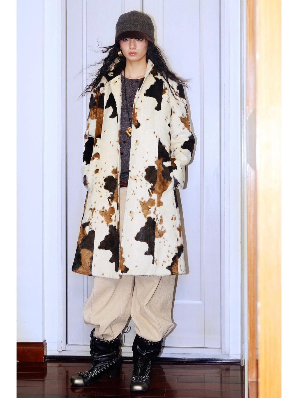 badtaste Cow Print Stand Collar Vintage Mid Length Plush Women's Faux Fur Coats