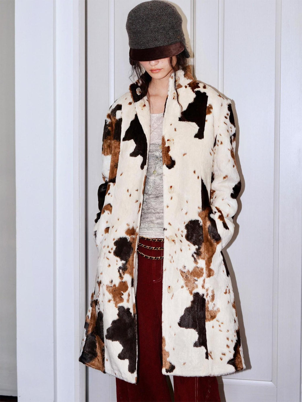 badtaste Cow Print Stand Collar Vintage Mid Length Plush Women's Faux Fur Coats