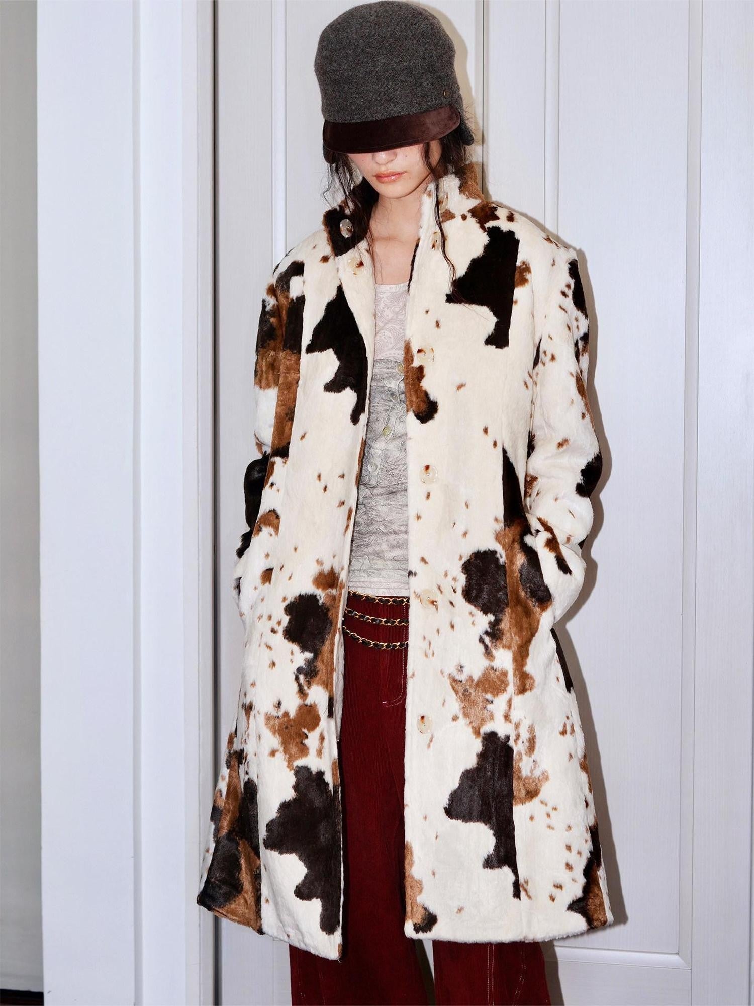 badtaste Cow Print Stand Collar Vintage Mid Length Plush Women's Faux Fur Coats