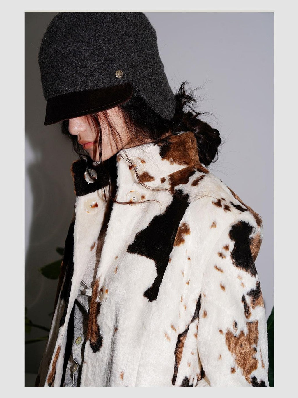 badtaste Cow Print Stand Collar Vintage Mid Length Plush Women's Faux Fur Coats