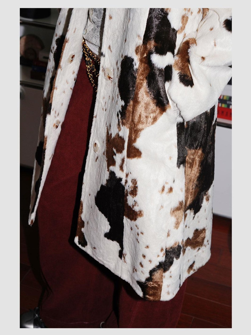 badtaste Cow Print Stand Collar Vintage Mid Length Plush Women's Faux Fur Coats