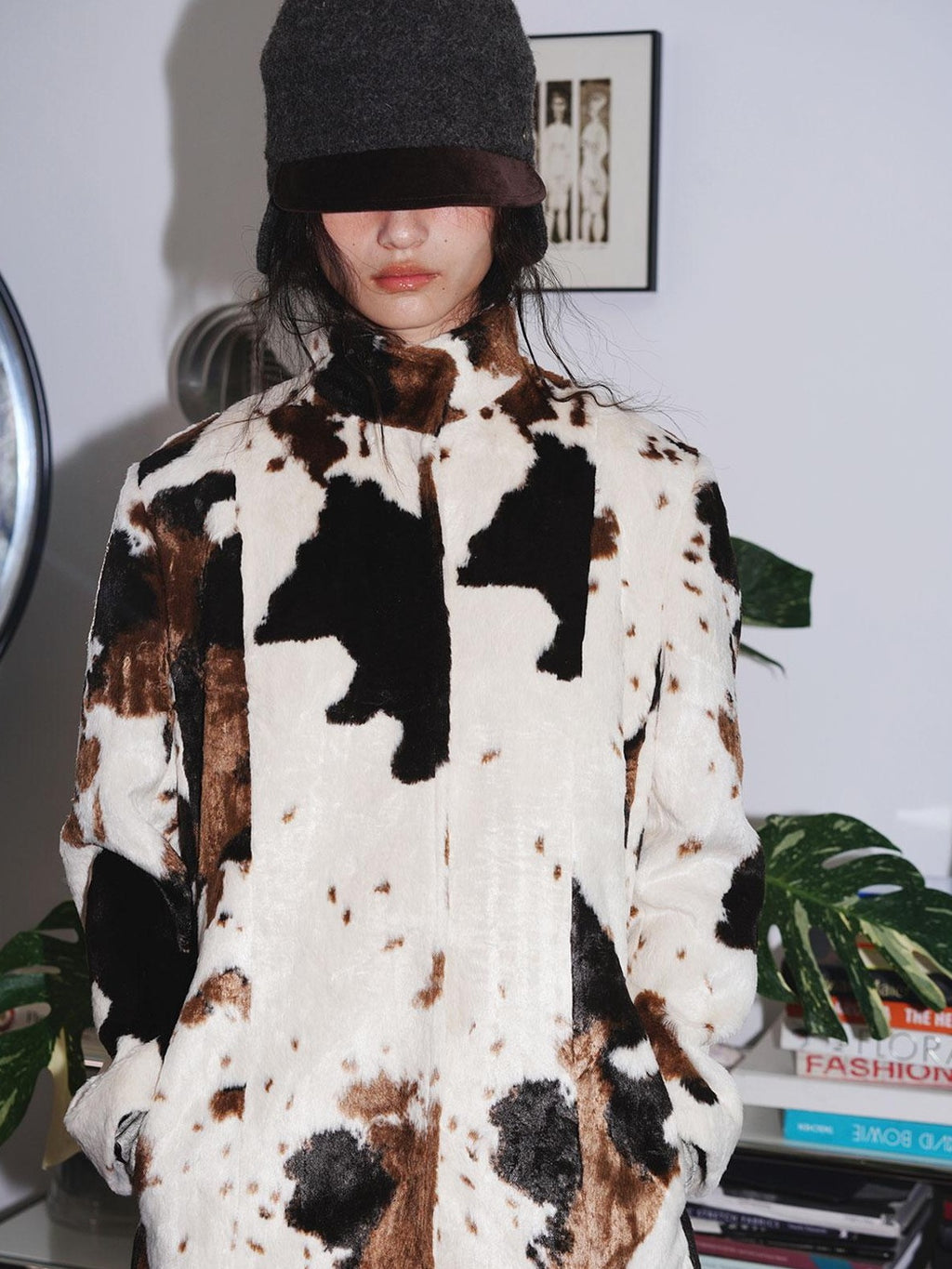 badtaste Cow Print Stand Collar Vintage Mid Length Plush Women's Faux Fur Coats