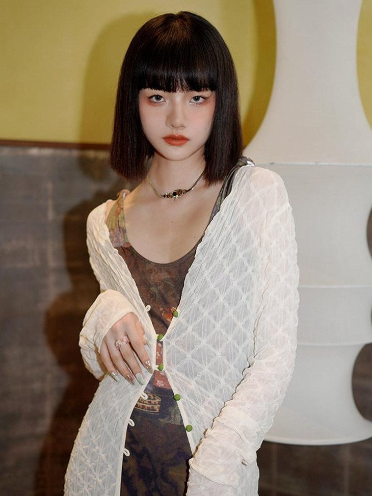 badtaste Cream Lightweight Slimming Midlength V-neck Buttoned Uv Women's Cardigans