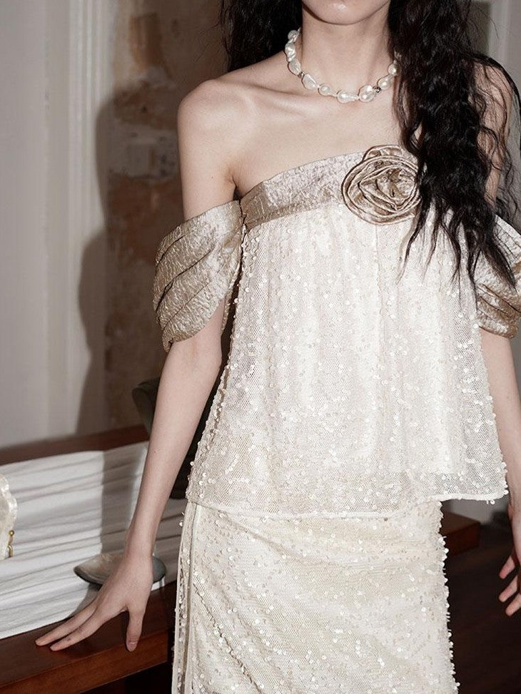 badtaste Custom Sequin 3d Floral Strapless Loose Cropped Women's Tube Tops
