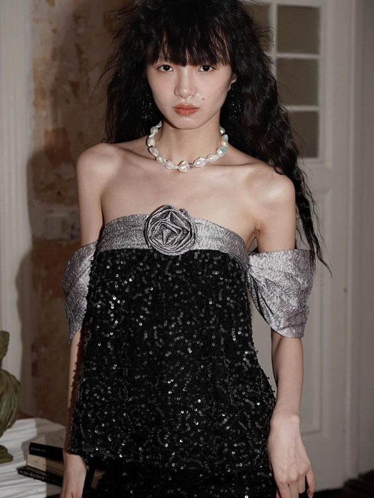 badtaste Custom Sequin 3d Floral Strapless Loose Cropped Women's Tube Tops