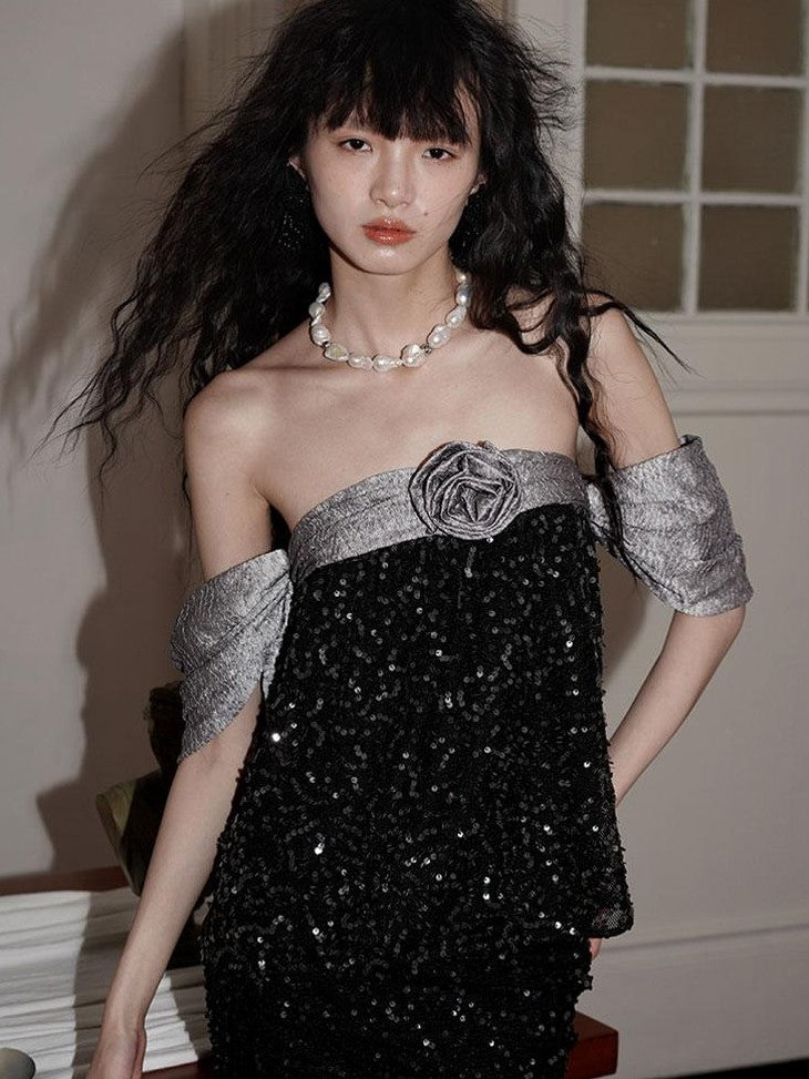 badtaste Custom Sequin 3d Floral Strapless Loose Cropped Women's Tube Tops