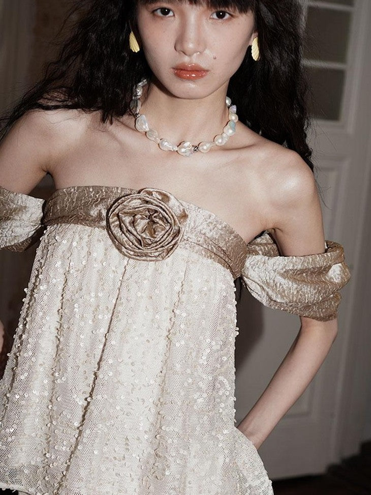 badtaste Custom Sequin 3d Floral Strapless Loose Cropped Women's Tube Tops