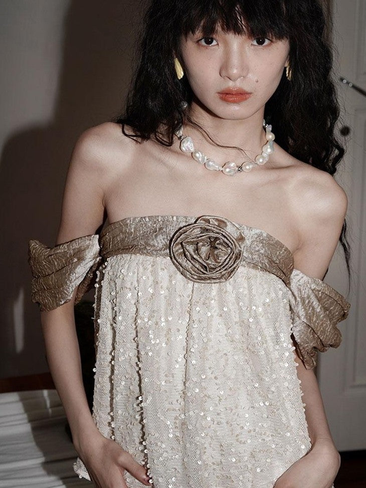 badtaste Custom Sequin 3d Floral Strapless Loose Cropped Women's Tube Tops