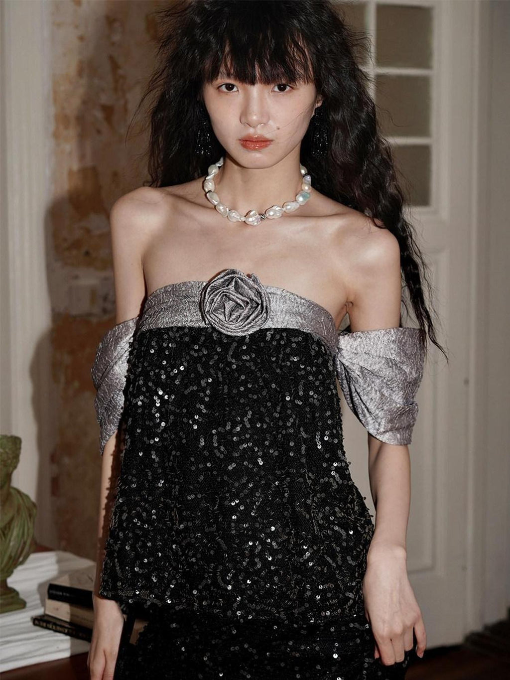 badtaste Custom Sequin 3d Floral Strapless Loose Cropped Women's Tube Tops