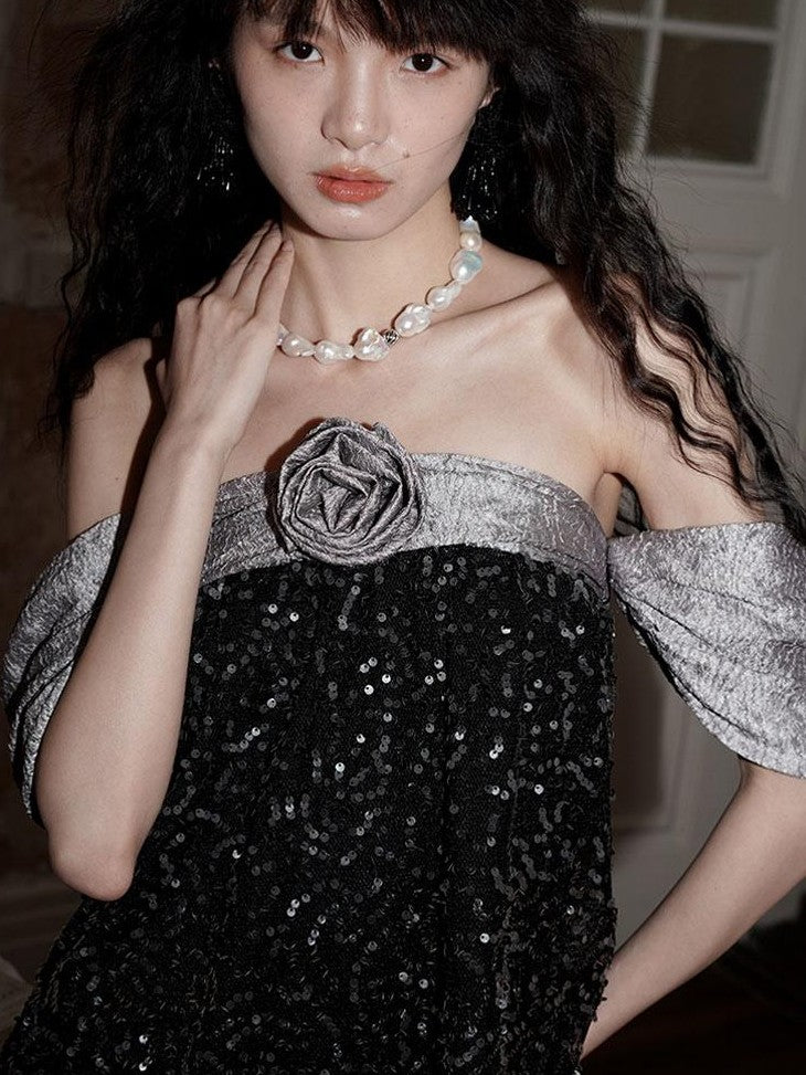 badtaste Custom Sequin 3d Floral Strapless Loose Cropped Women's Tube Tops