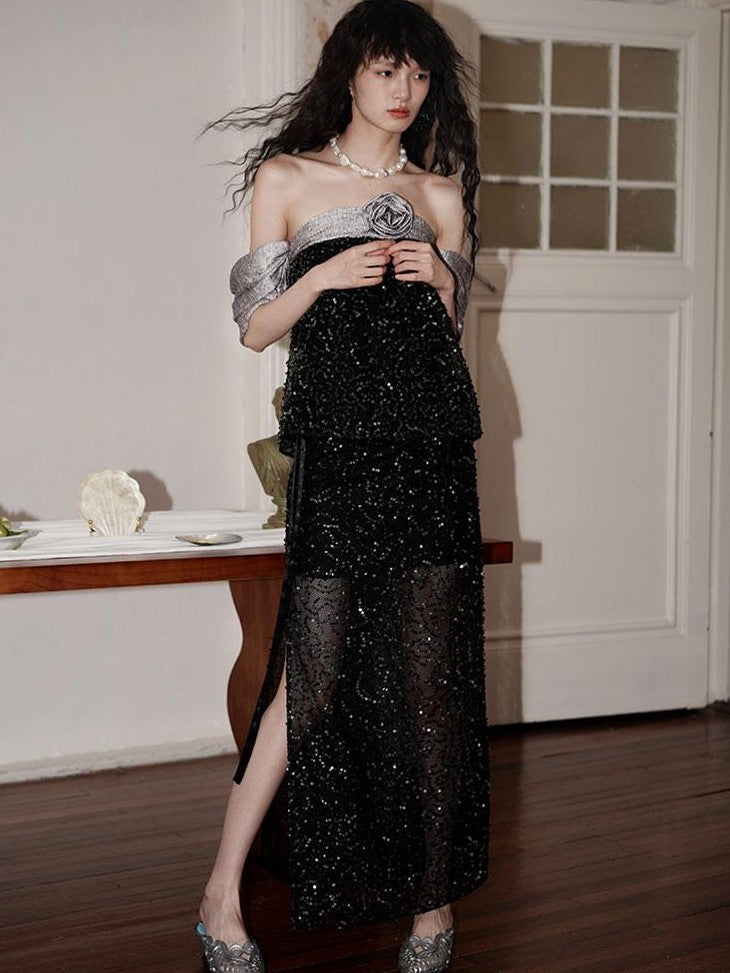 badtaste Custom Sequin 3d Floral Strapless Loose Cropped Women's Tube Tops