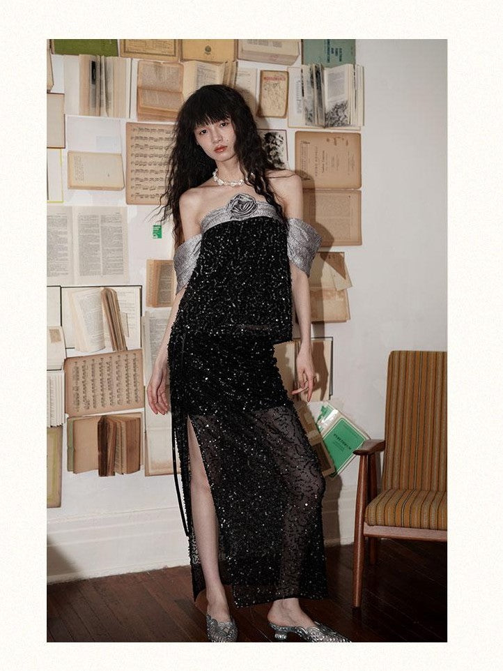 badtaste Custom Sequin 3d Floral Strapless Loose Cropped Women's Tube Tops