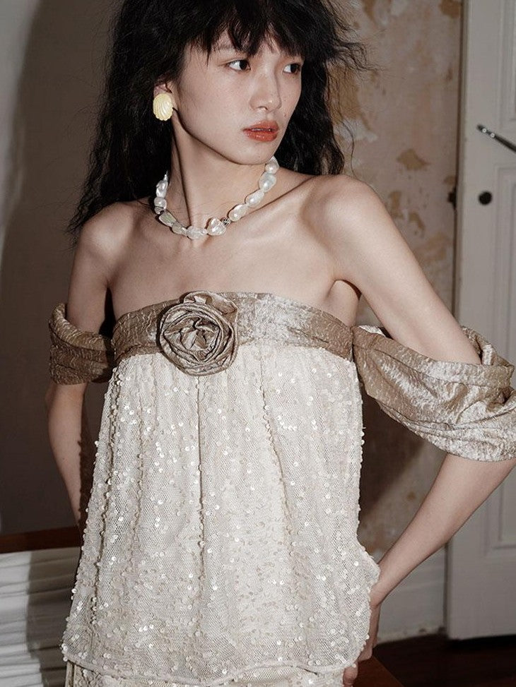 badtaste Custom Sequin 3d Floral Strapless Loose Cropped Women's Tube Tops