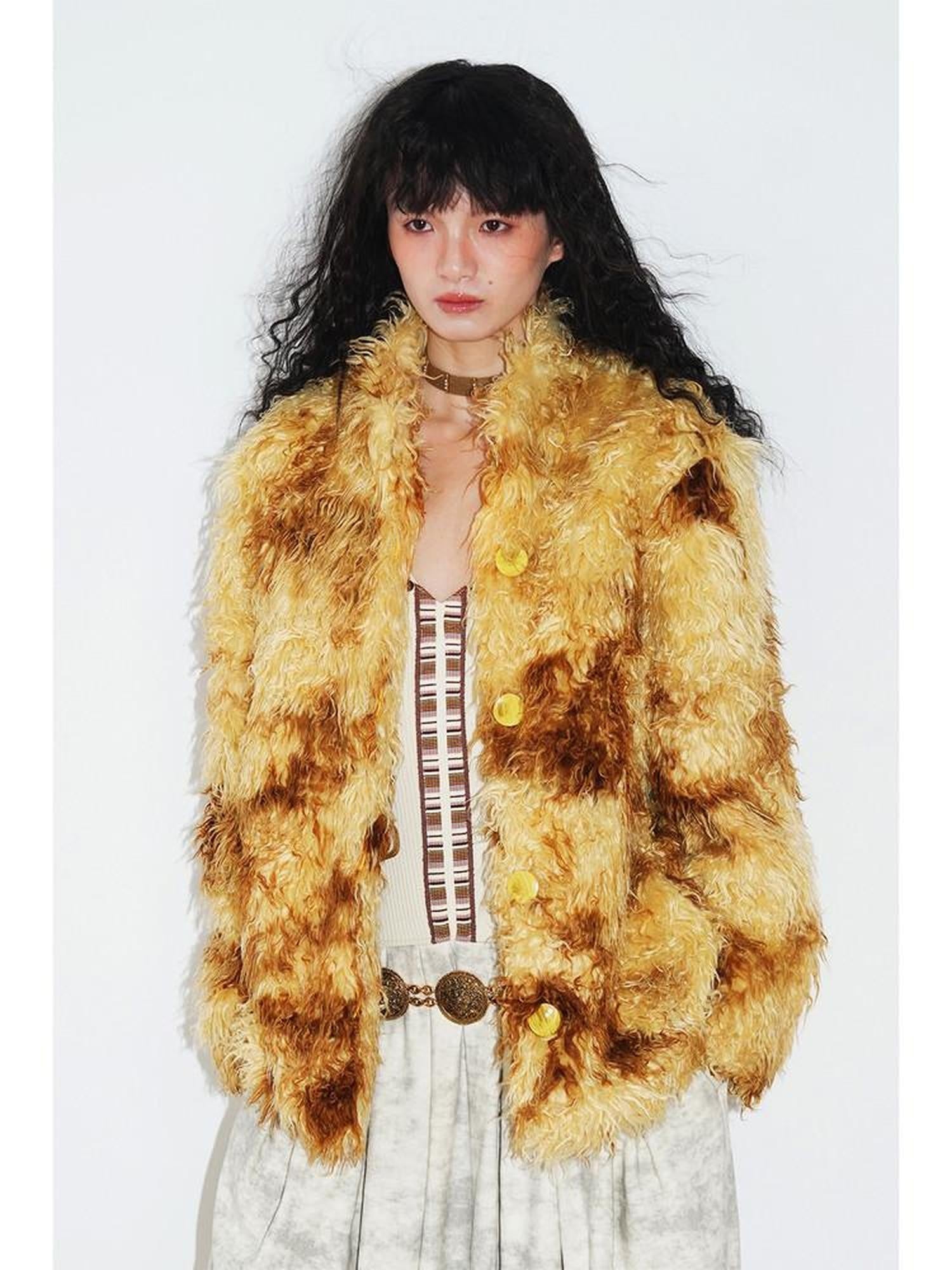 badtaste Dark Western Vintage Stand Collar Cropped Button Women's Plush Faux Fur Coats