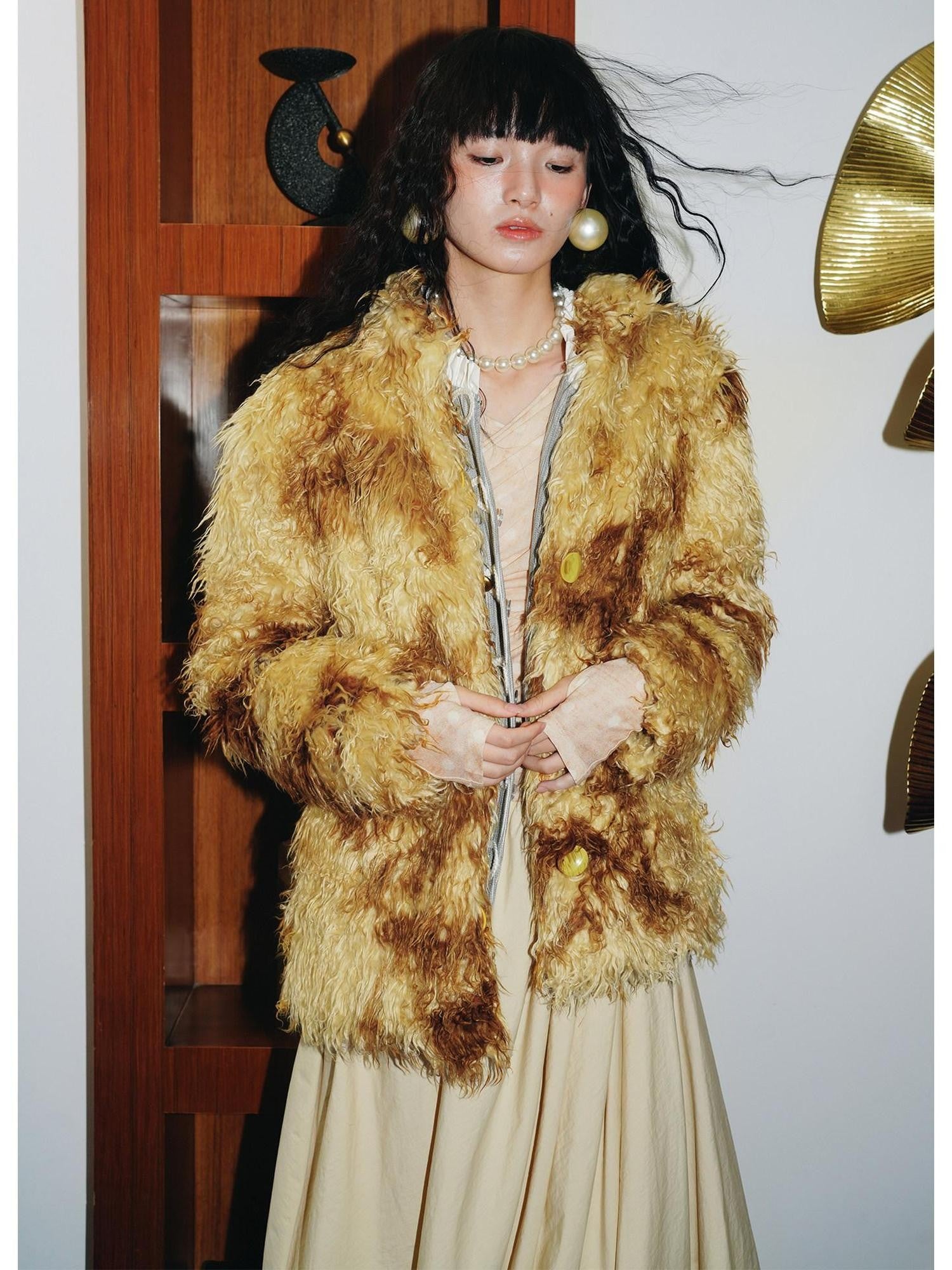 badtaste Dark Western Vintage Stand Collar Cropped Button Women's Plush Faux Fur Coats
