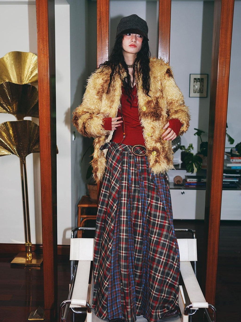 badtaste Dark Western Vintage Stand Collar Cropped Button Women's Plush Faux Fur Coats