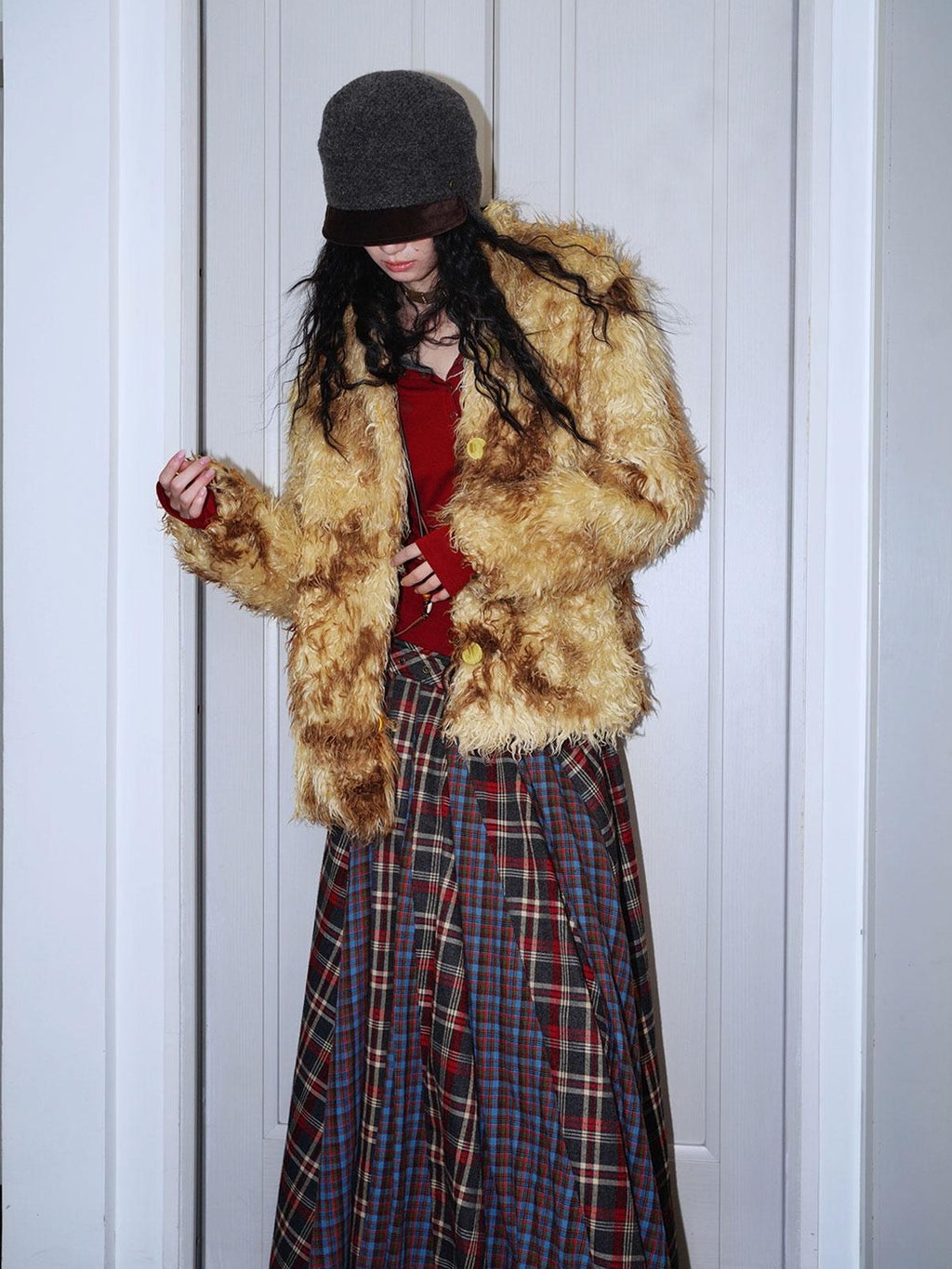 badtaste Dark Western Vintage Stand Collar Cropped Button Women's Plush Faux Fur Coats