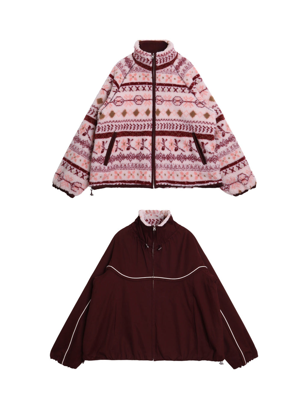 badtaste_Deep_Wine_Red_Reversible_Fair_Isle_Western_Women's_Lamb_Fleece_Fleece_Jackets_1000906044316_MISSTT