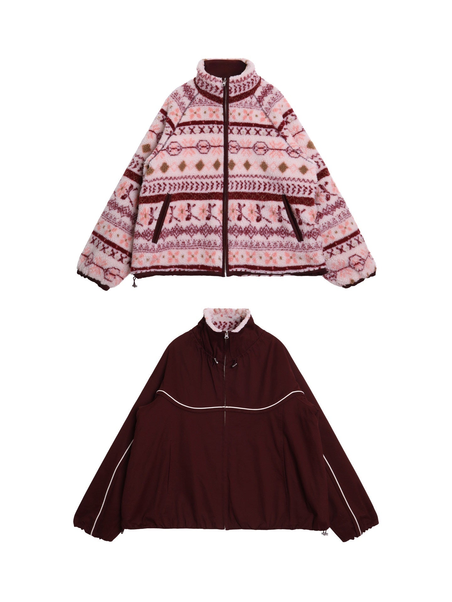 badtaste_Deep_Wine_Red_Reversible_Fair_Isle_Western_Women's_Lamb_Fleece_Fleece_Jackets_1000906044316_MISSTT