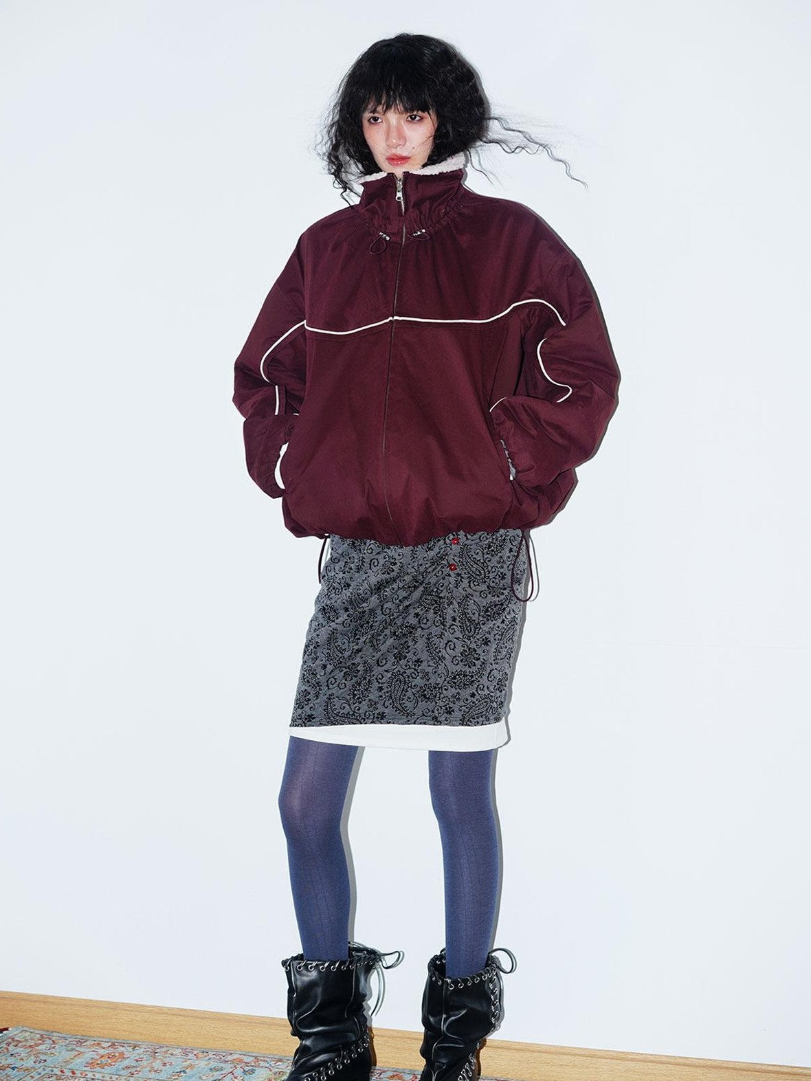 badtaste Deep Wine Red Reversible Fair Isle Western Women's Lamb Fleece Fleece Jackets