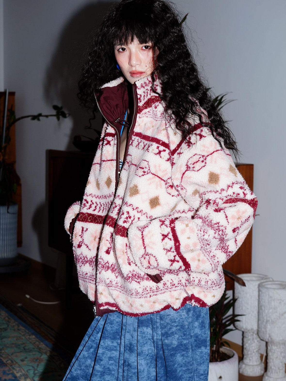 badtaste Deep Wine Red Reversible Fair Isle Western Women's Lamb Fleece Fleece Jackets