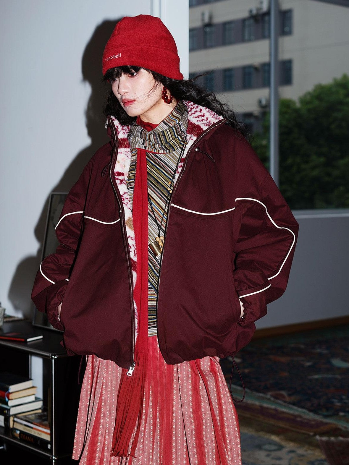 badtaste Deep Wine Red Reversible Fair Isle Western Women's Lamb Fleece Fleece Jackets