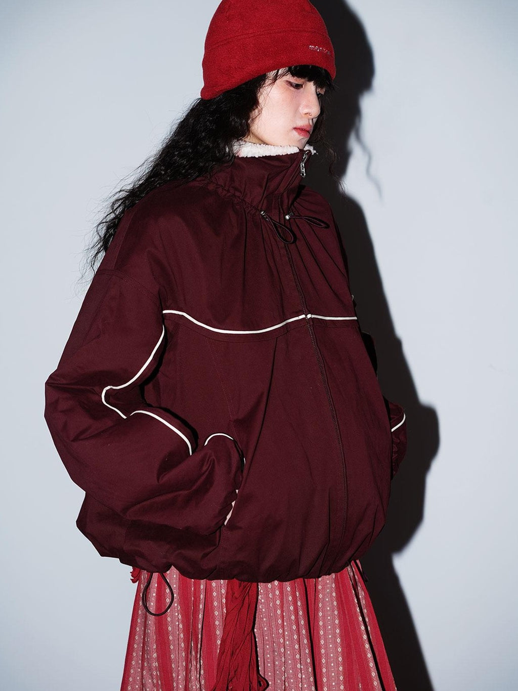 badtaste Deep Wine Red Reversible Fair Isle Western Women's Lamb Fleece Fleece Jackets