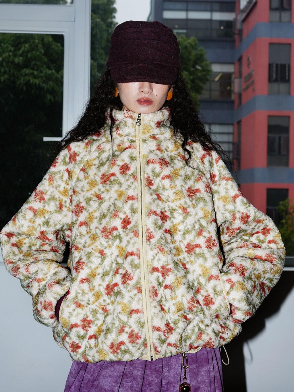 badtaste Deep Wine Red Reversible Fair Isle Western Women's Lamb Fleece Fleece Jackets