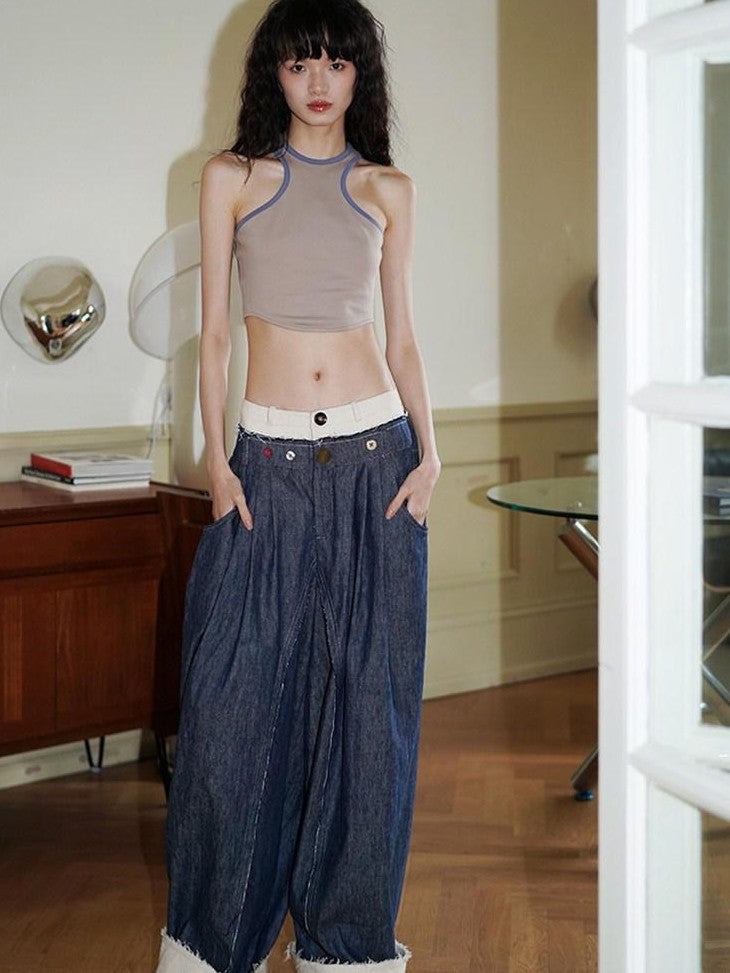 badtaste Denim Blue Western Retro Low Waist Women's Linen Cotton Wide-leg Jeans