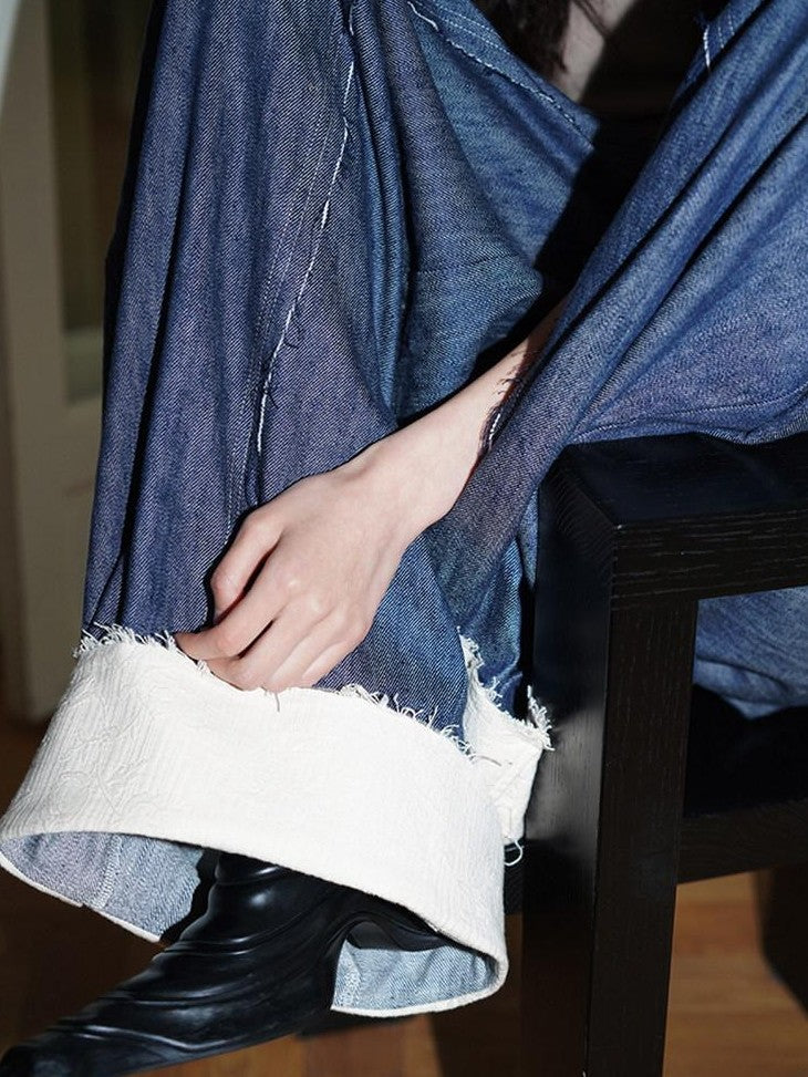 badtaste Denim Blue Western Retro Low Waist Women's Linen Cotton Wide-leg Jeans