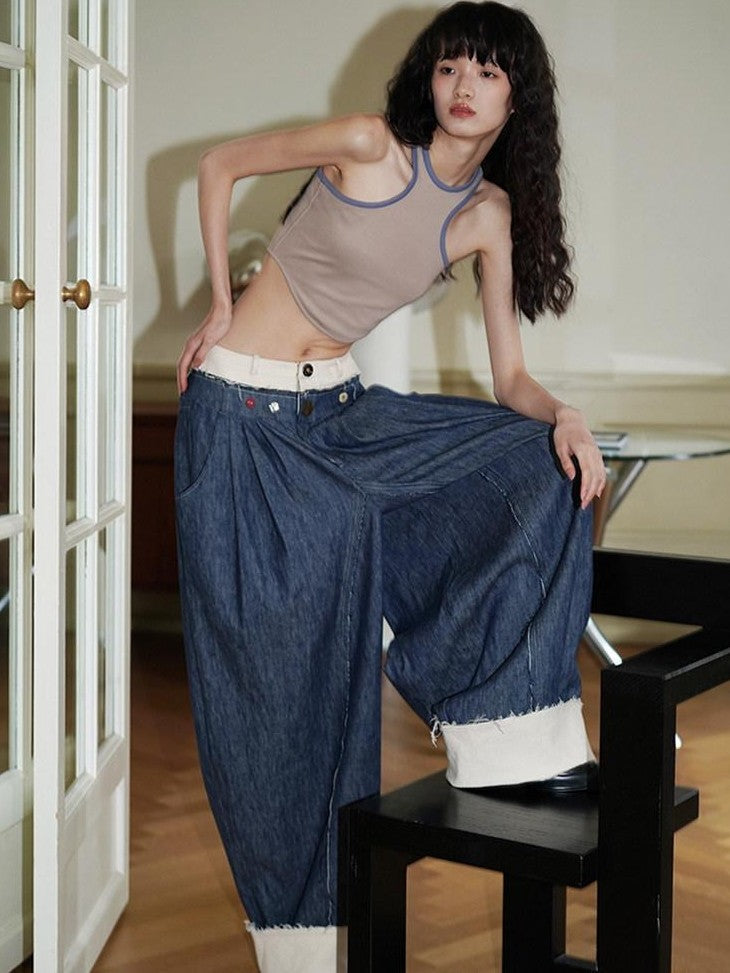 badtaste Denim Blue Western Retro Low Waist Women's Linen Cotton Wide-leg Jeans