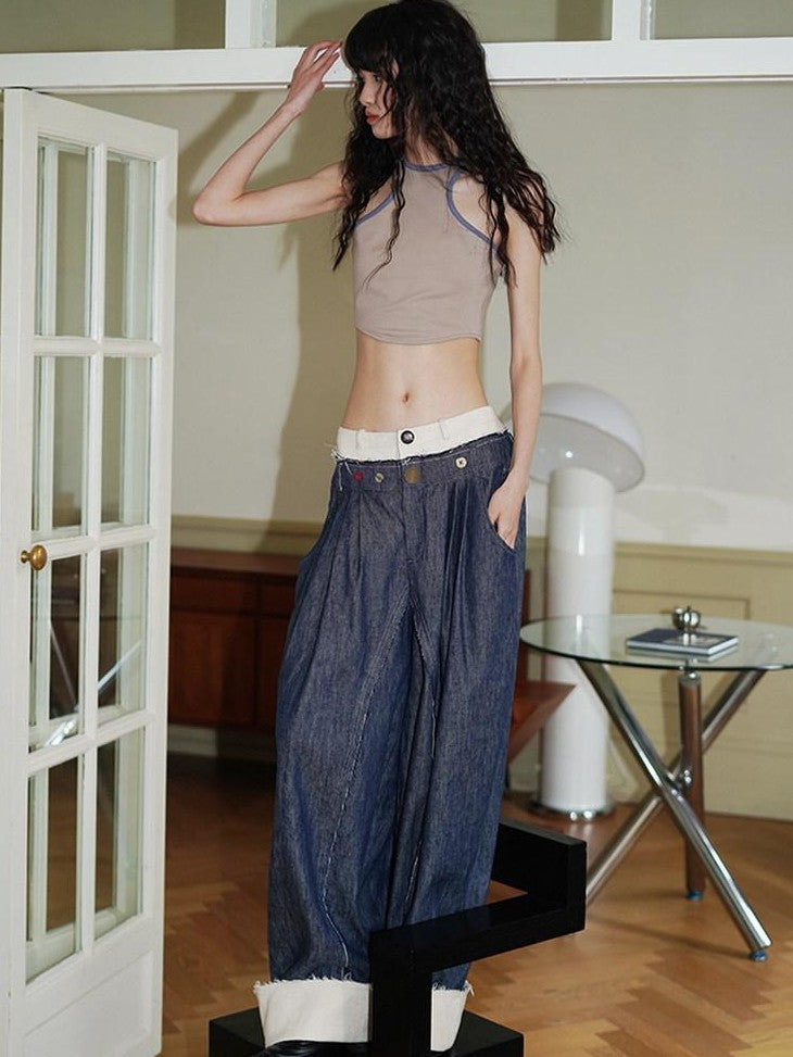badtaste Denim Blue Western Retro Low Waist Women's Linen Cotton Wide-leg Jeans