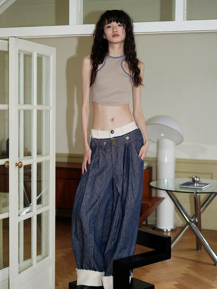 badtaste Denim Blue Western Retro Low Waist Women's Linen Cotton Wide-leg Jeans