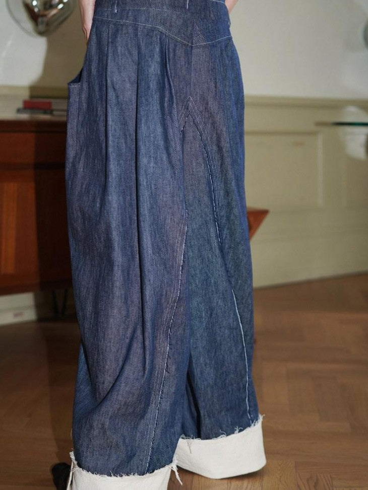 badtaste Denim Blue Western Retro Low Waist Women's Linen Cotton Wide-leg Jeans