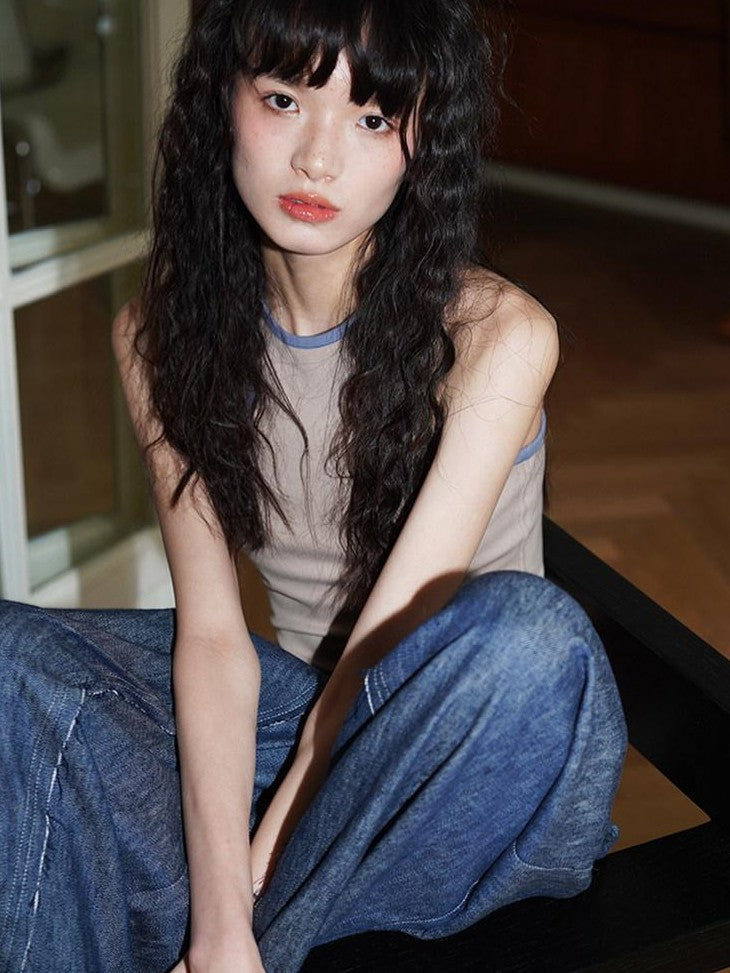 badtaste Denim Blue Western Retro Low Waist Women's Linen Cotton Wide-leg Jeans