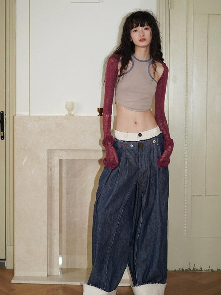 badtaste Denim Blue Western Retro Low Waist Women's Linen Cotton Wide-leg Jeans